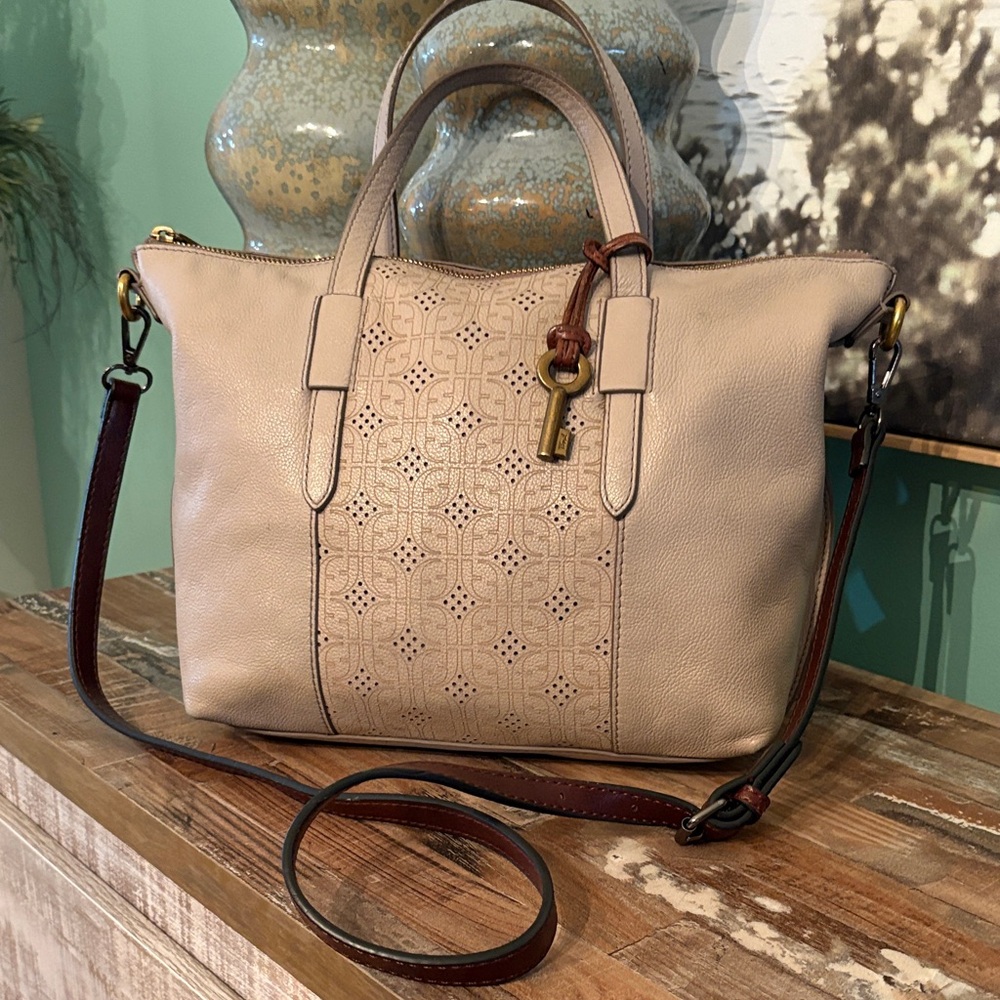 Fossil Leather Tote Bag with Key Charm